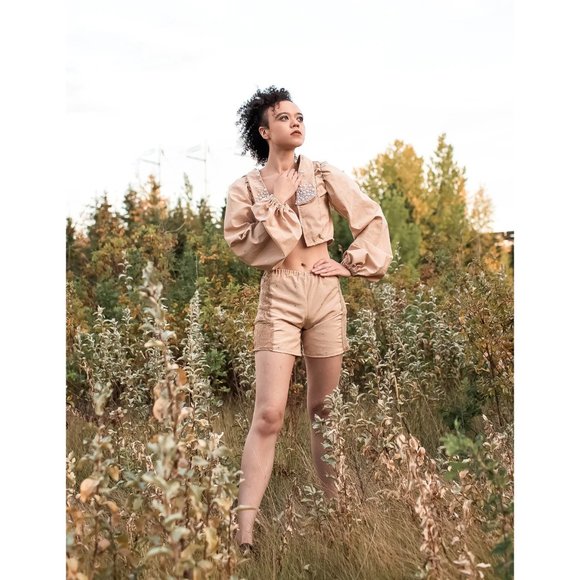 Vintage Pearl Collar, Puff sleeve, Sexy Victorian, Lace side Shorts Suit New - Picture 4 of 8